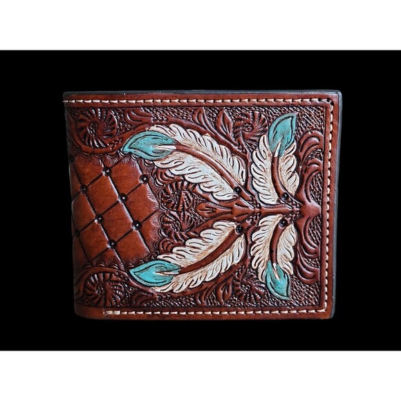 Western Chestnut Leather Bi-fold Wallet Floral FeatersTooled Basket Weave - Picture 3 of 9